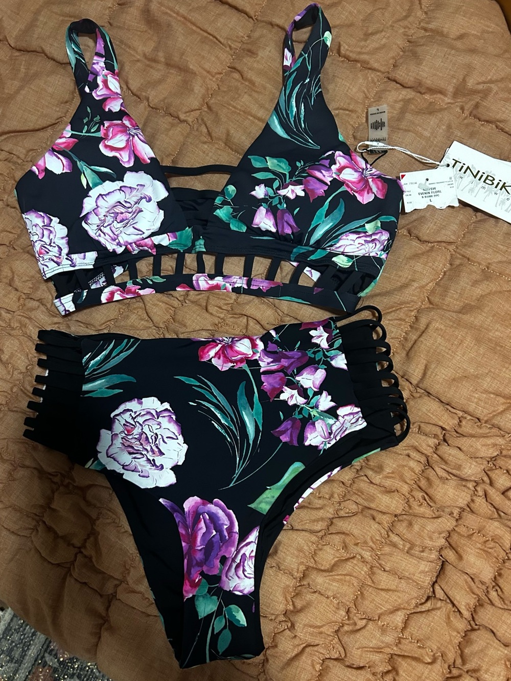 TiniBikini Black Floral Strappy  Bikini-Pink, Purple, Green, Reversible